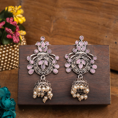 Baby Pink Studded Oxidised Earrings With Hanging Jhumka