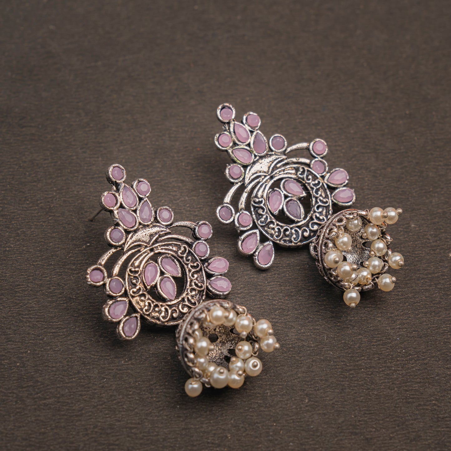Baby Pink Studded Oxidised Earrings With Hanging Jhumka