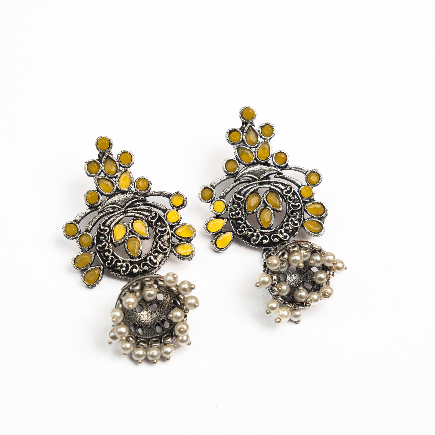 Yellow Stone Studded Oxidised Earrings With Hanging Jhumka