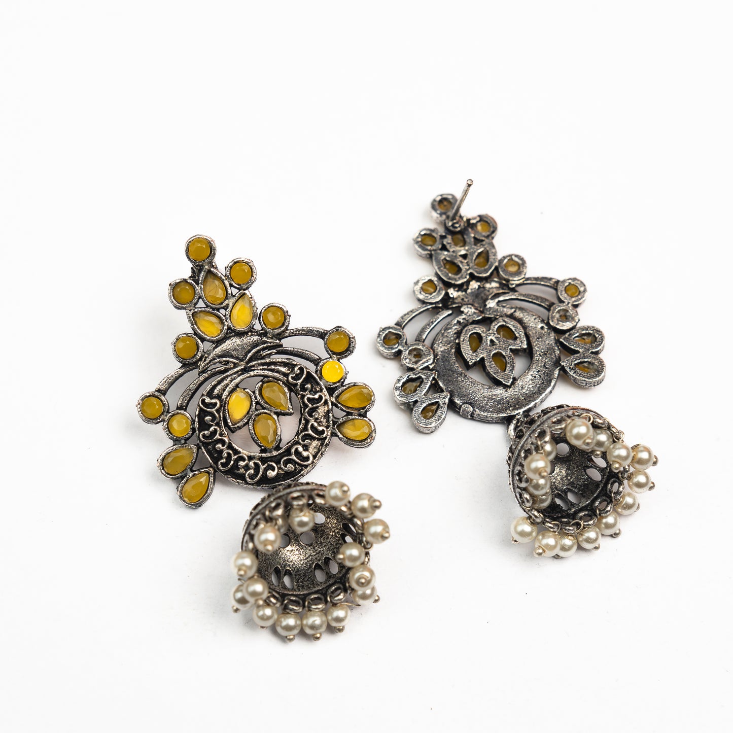 Yellow Stone Studded Oxidised Earrings With Hanging Jhumka