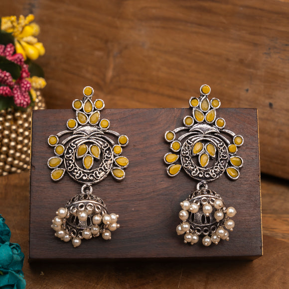 Yellow Stone Studded Oxidised Earrings With Hanging Jhumka
