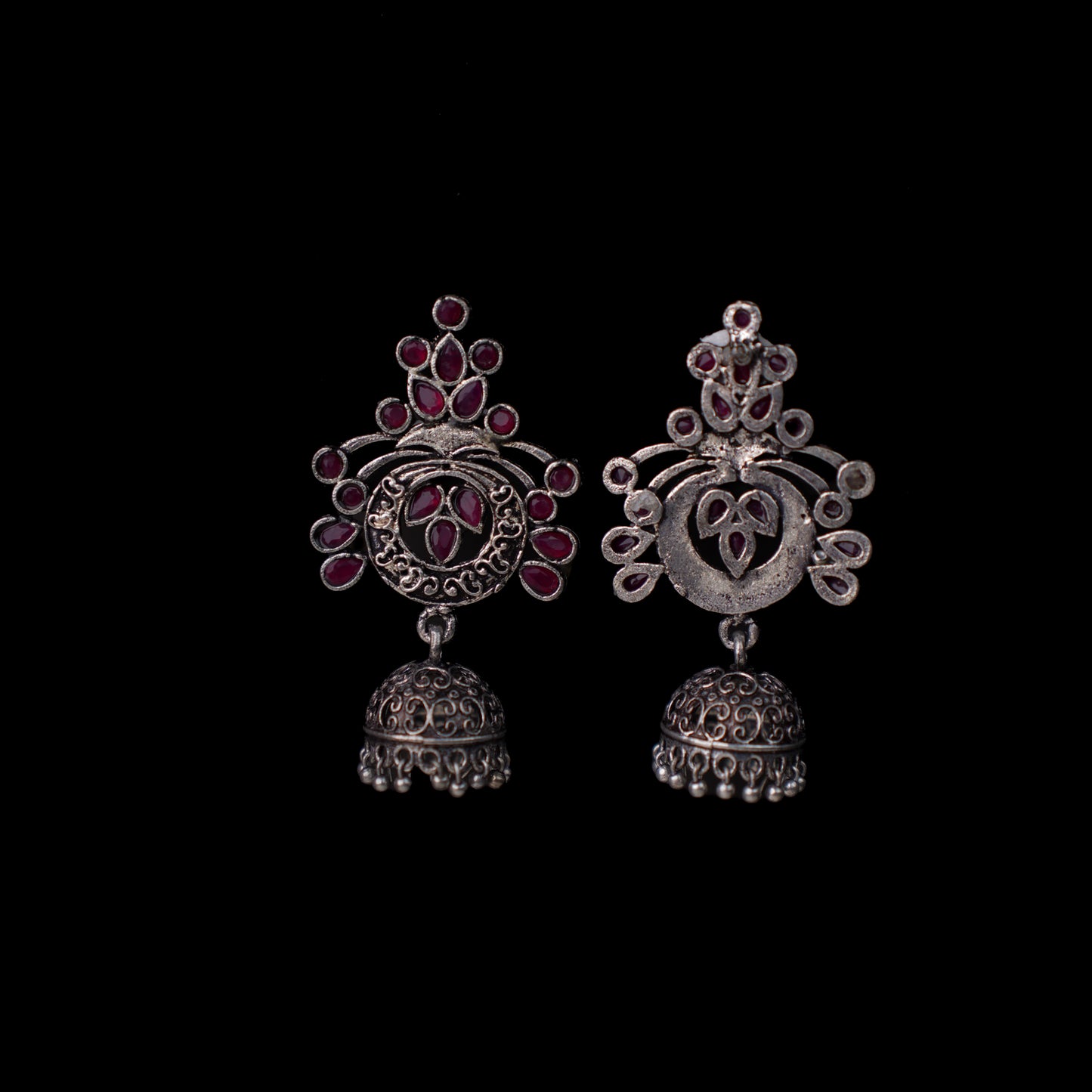 Red Stone Studded Oxidised Earrings With Hanging Jhumka