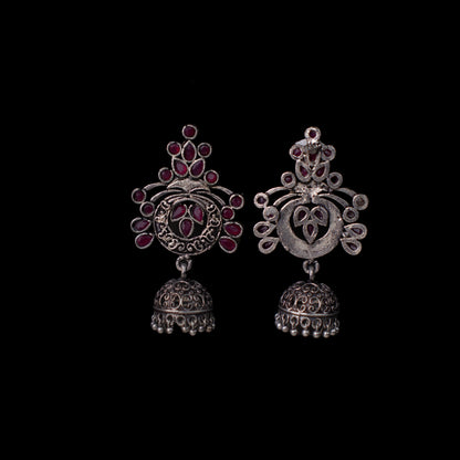 Red Stone Studded Oxidised Earrings With Hanging Jhumka