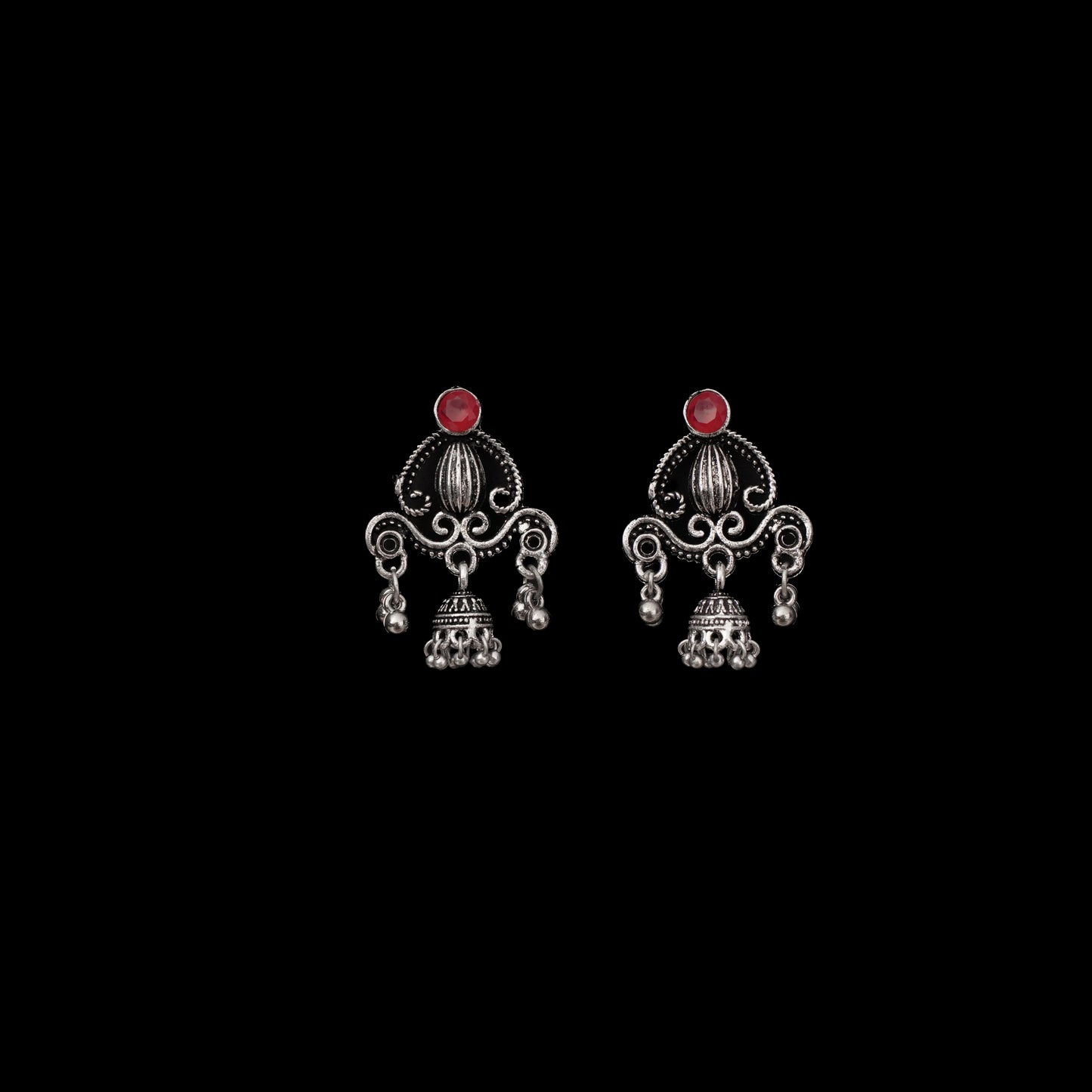 Red Stone Studded Intricate Jhumki Earrings