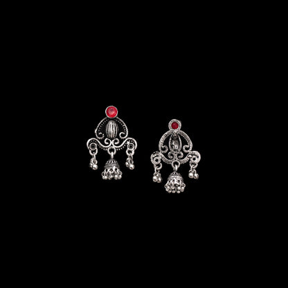 Red Stone Studded Intricate Jhumki Earrings