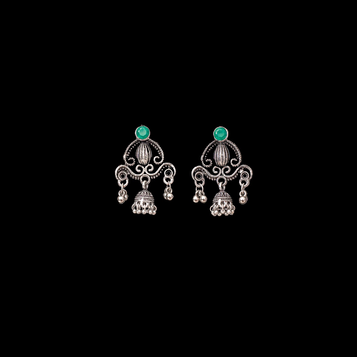 Green Stone Studded Intricate Jhumki Earrings