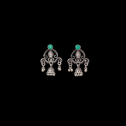Green Stone Studded Intricate Jhumki Earrings