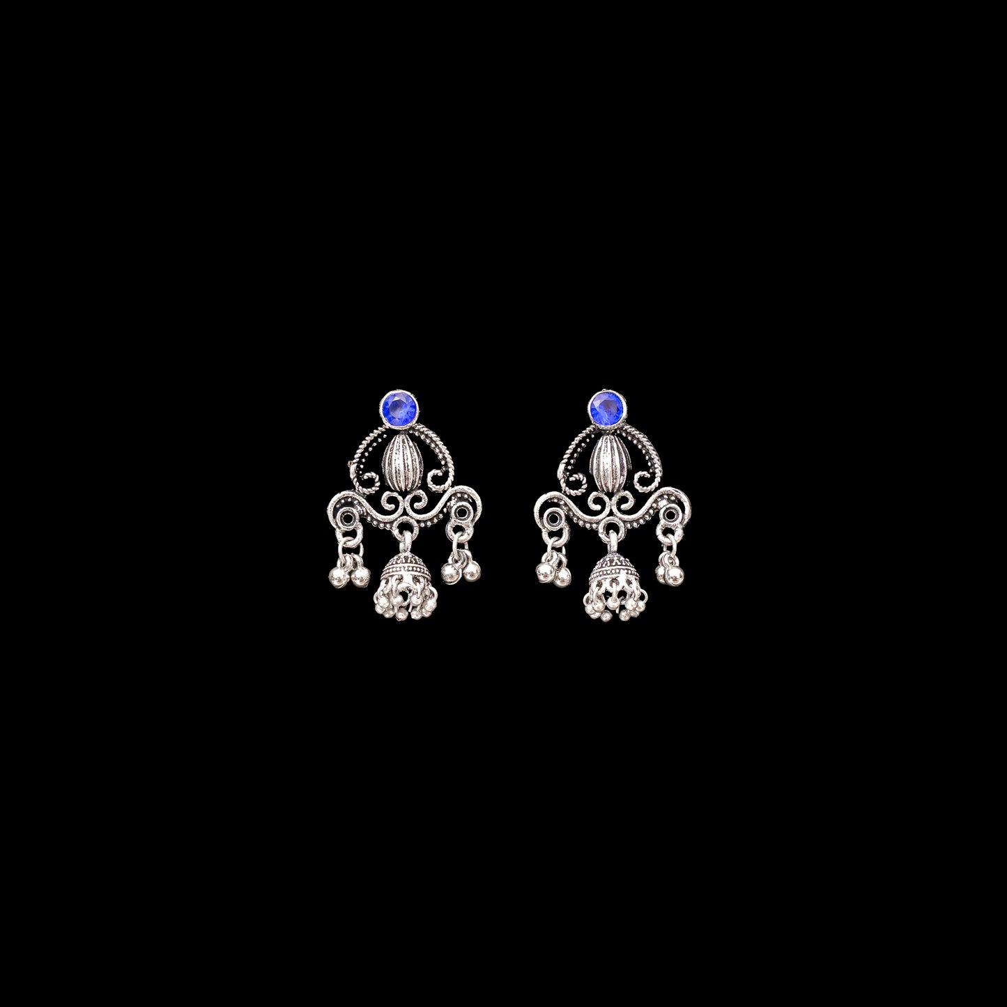 Blue Stone Studded Intricate Jhumki Earrings
