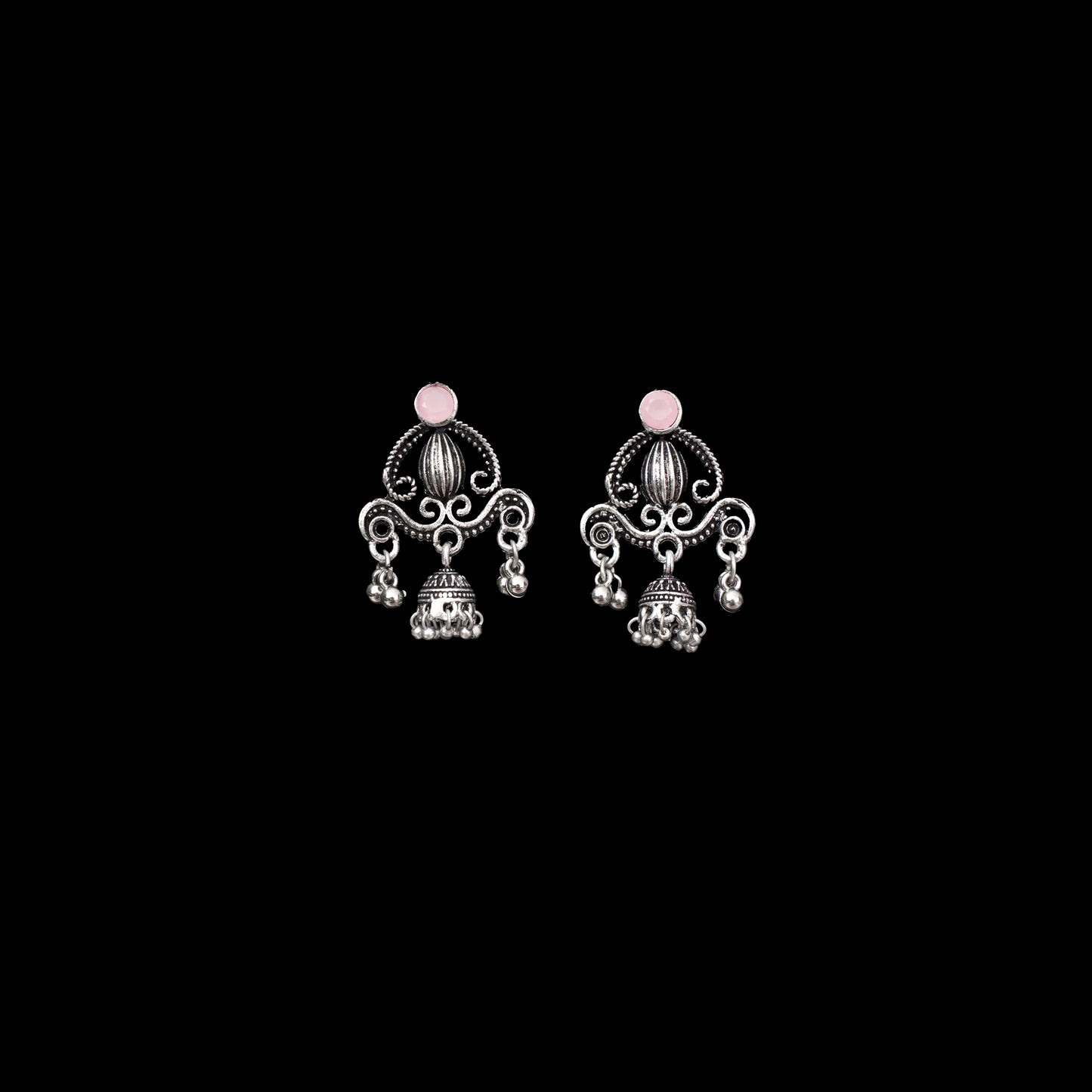 Baby Pink Stone Studded Intricate Jhumki Earrings