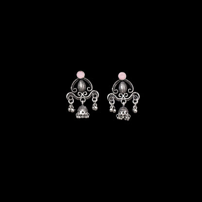 Baby Pink Stone Studded Intricate Jhumki Earrings