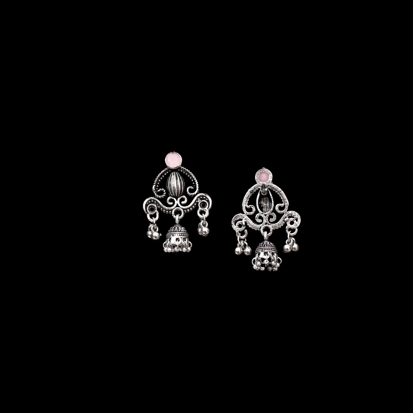 Baby Pink Stone Studded Intricate Jhumki Earrings