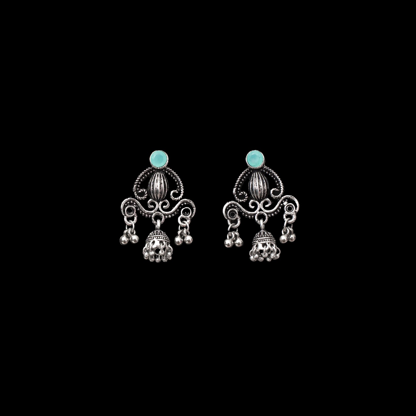 Mint Stone Studded Intricate Jhumki Earrings