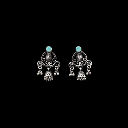 Mint Stone Studded Intricate Jhumki Earrings