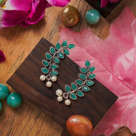 Green Stone Studded Leaves Shaped Earrings With Hanging Pearls