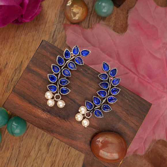 Blue Stone Studded Leaves Shaped Earrings With Hanging Pearls