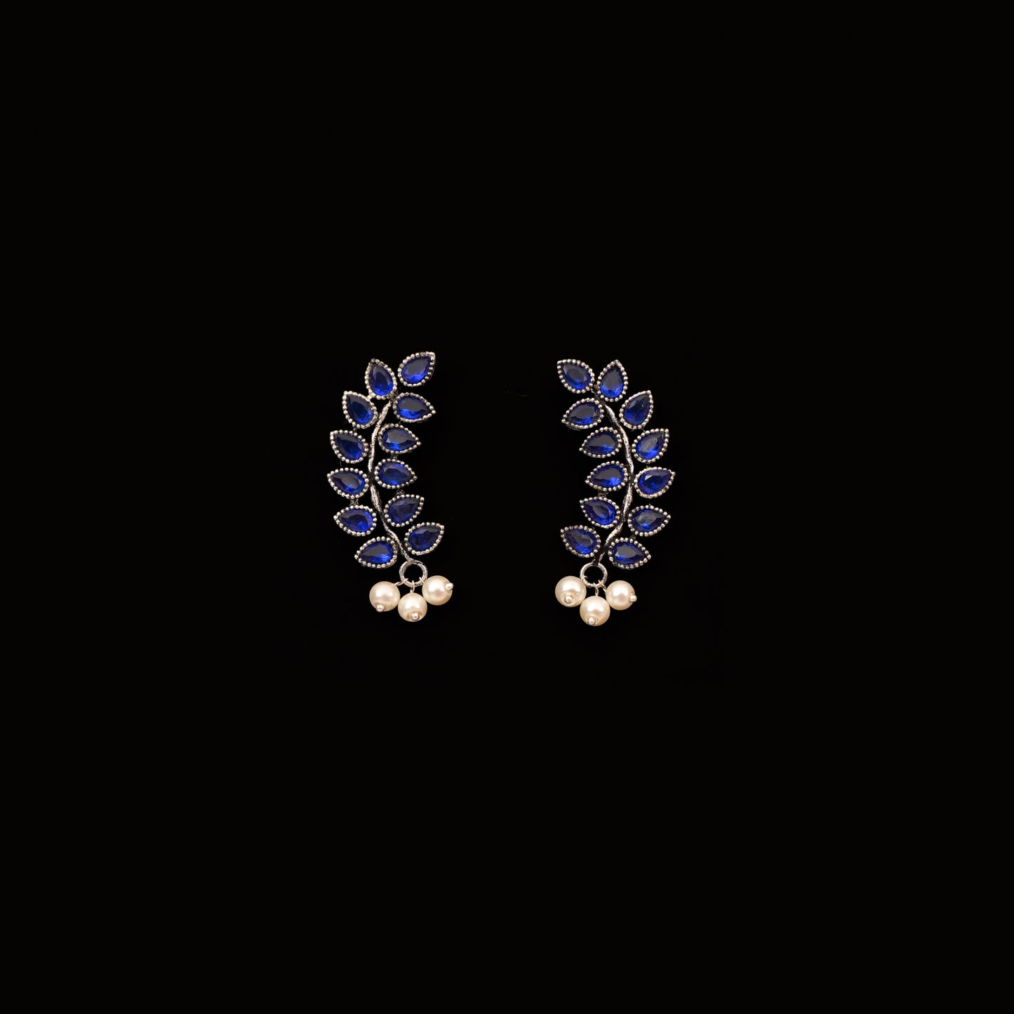 Blue Stone Studded Leaves Shaped Earrings With Hanging Pearls