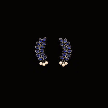 Blue Stone Studded Leaves Shaped Earrings With Hanging Pearls