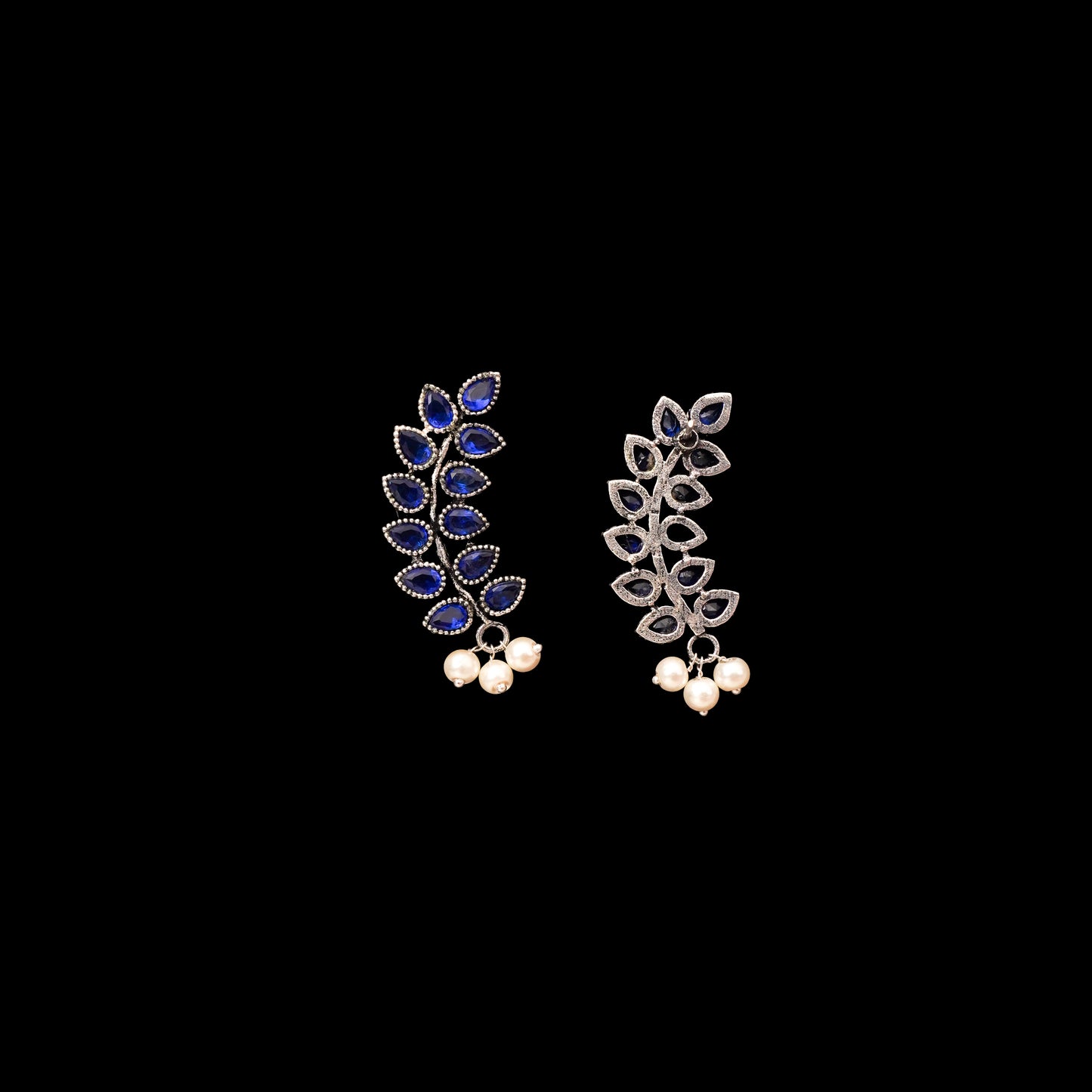 Blue Stone Studded Leaves Shaped Earrings With Hanging Pearls