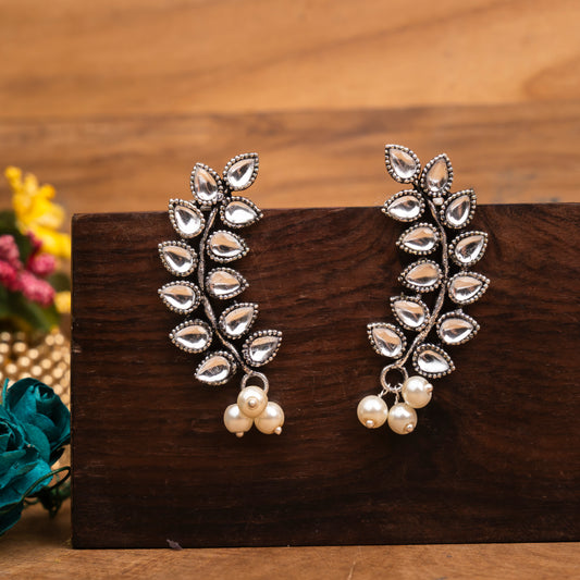White Stone Studded Leaves Shaped Earrings
