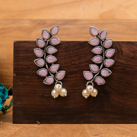 Baby Pink Stone Studded Leaves Shaped Earrings