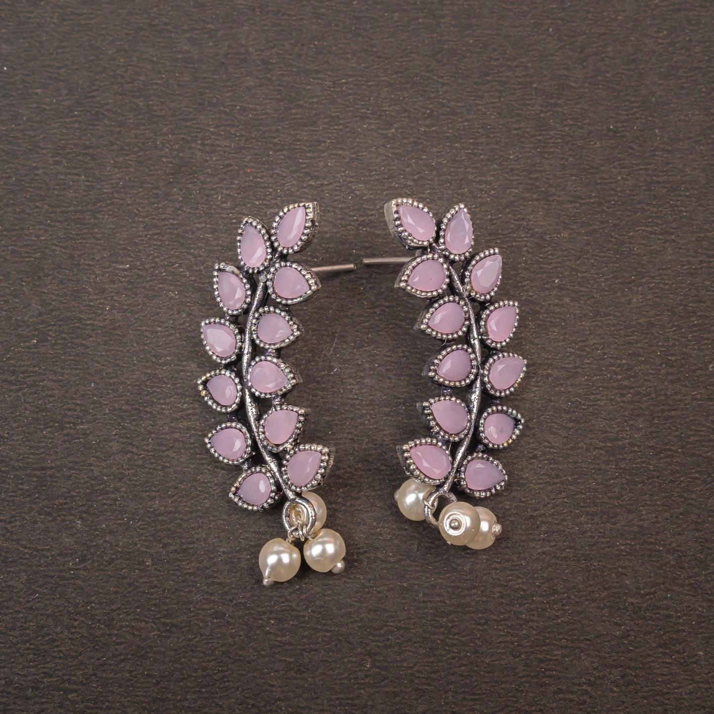 Baby Pink Stone Studded Leaves Shaped Earrings