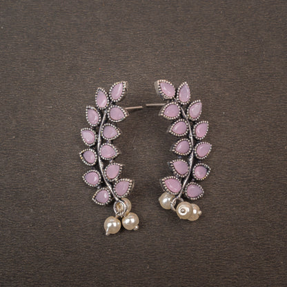 Baby Pink Stone Studded Leaves Shaped Earrings