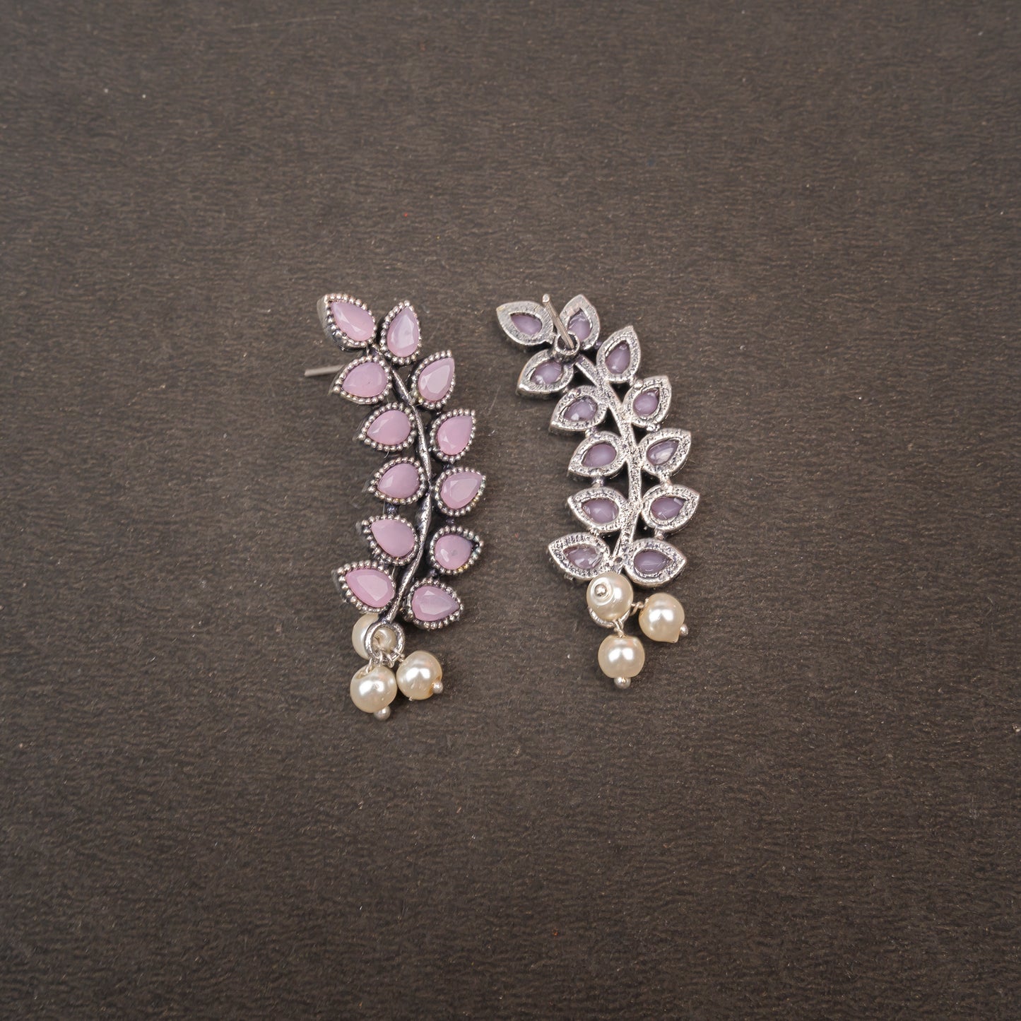 Baby Pink Stone Studded Leaves Shaped Earrings
