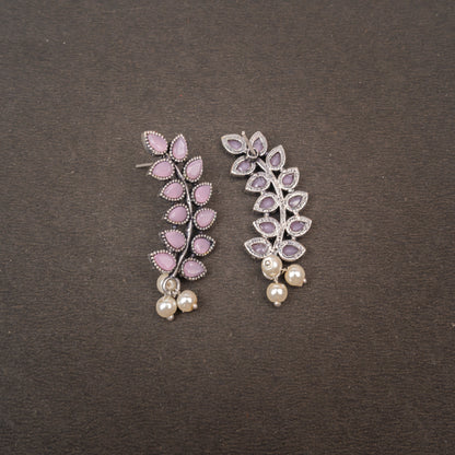 Baby Pink Stone Studded Leaves Shaped Earrings