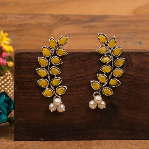 Yellow Stone Studded Leaves Shaped Earrings