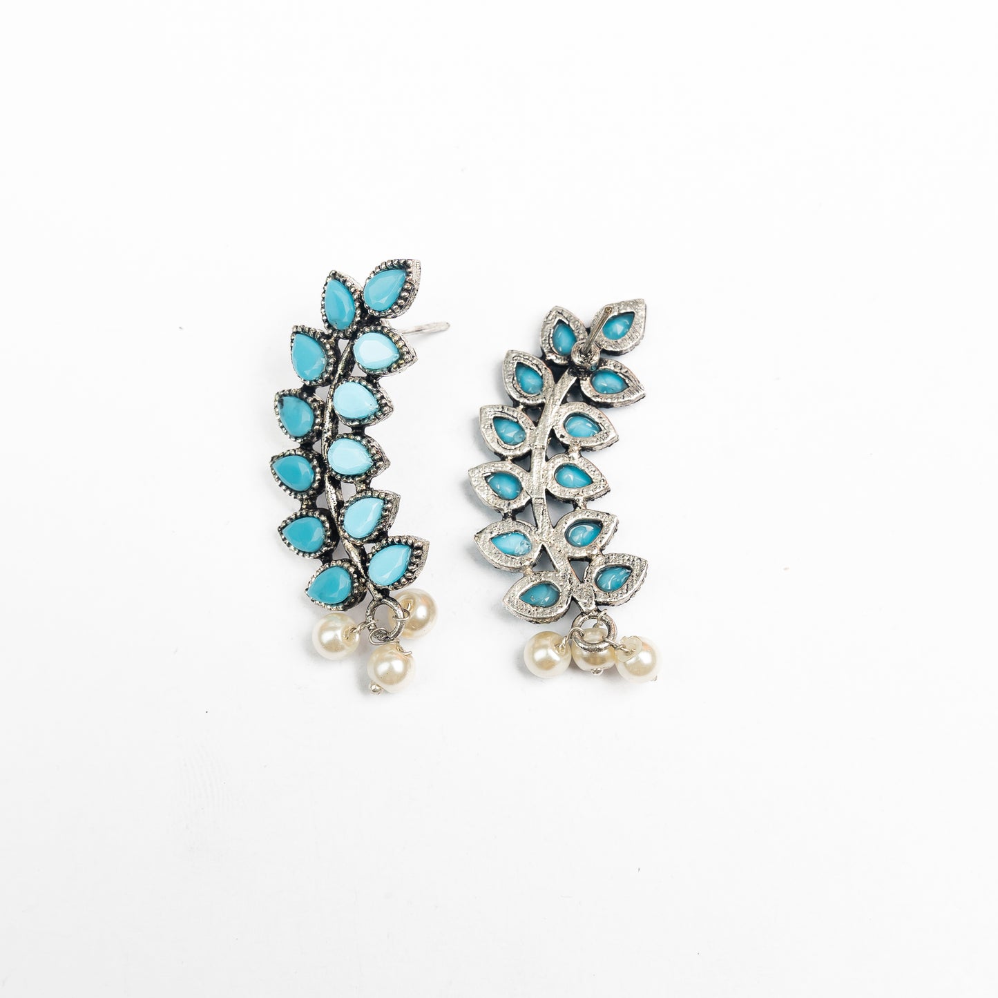Sky Blue Stone Studded Leaves Shaped Earrings