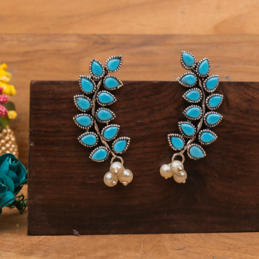 Sky Blue Stone Studded Leaves Shaped Earrings