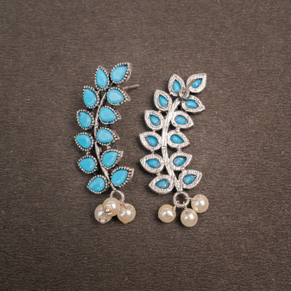 Sky Blue Stone Studded Leaves Shaped Earrings