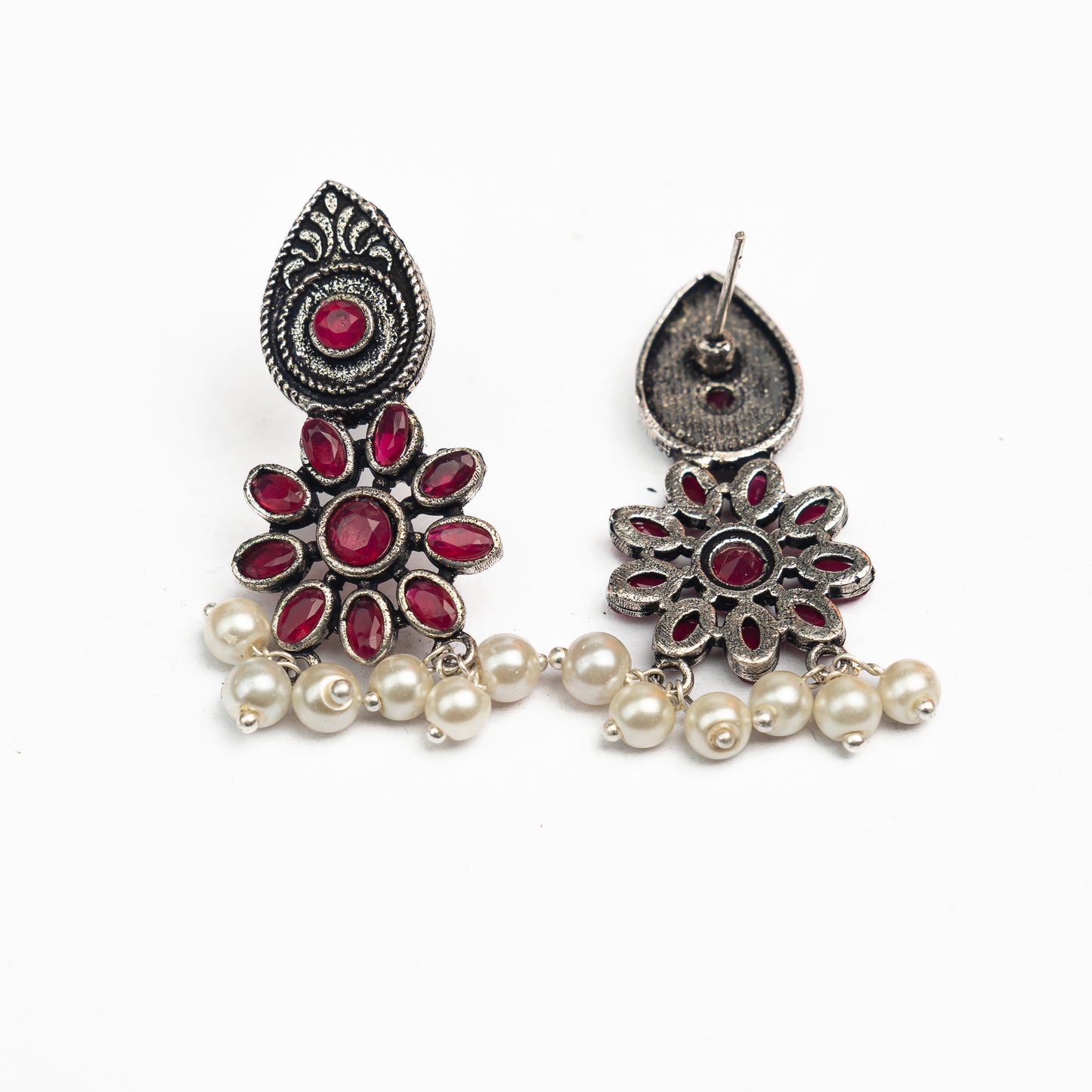 Red Stone Studded Oxidised Earrings With Hanging Pearls