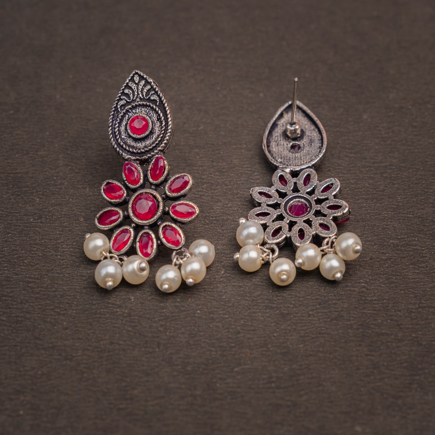 Red Stone Studded Oxidised Earrings With Hanging Pearls