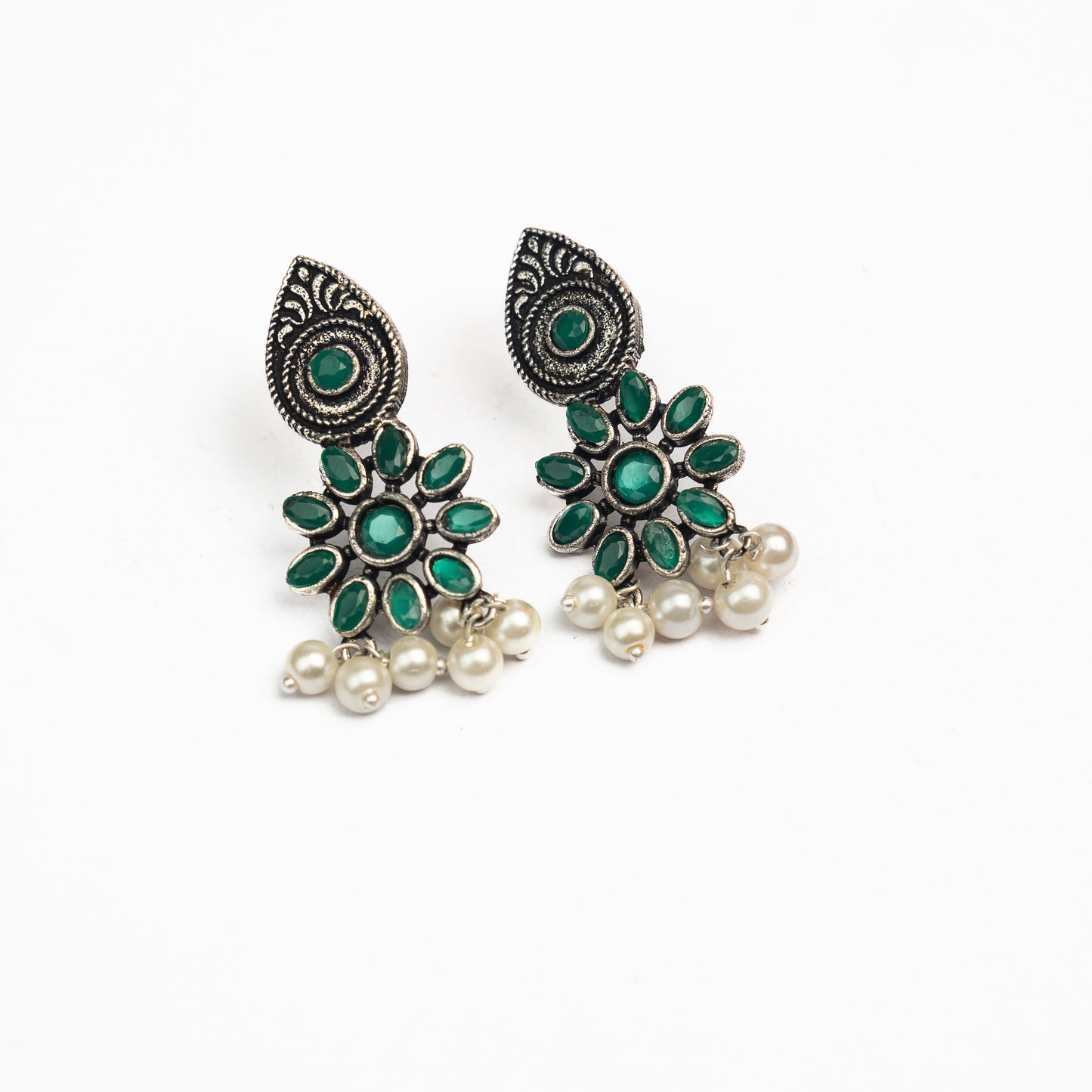 Green Stone Studded Oxidised Earrings With Hanging Pearls