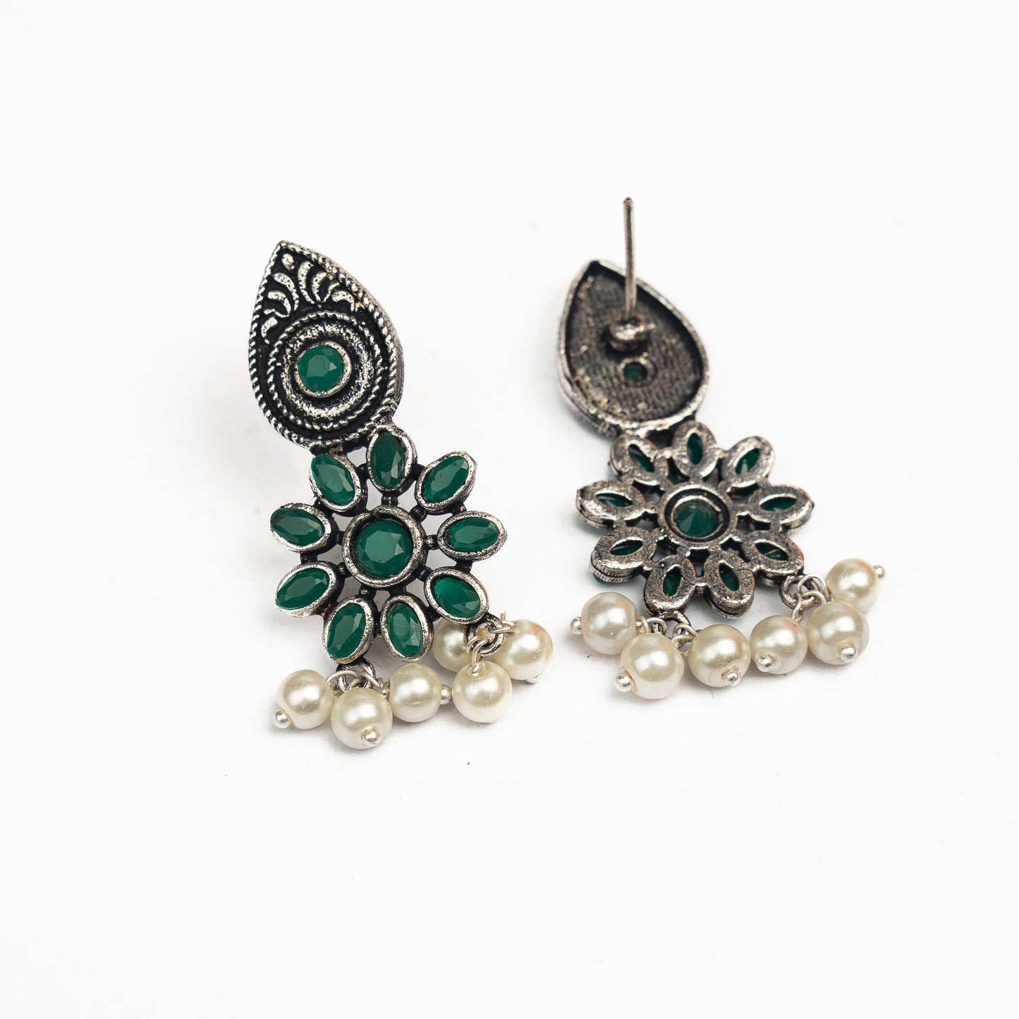 Green Stone Studded Oxidised Earrings With Hanging Pearls