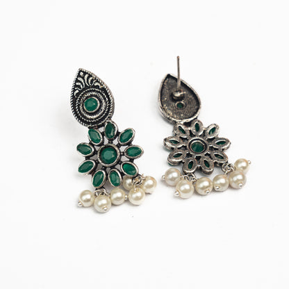 Green Stone Studded Oxidised Earrings With Hanging Pearls