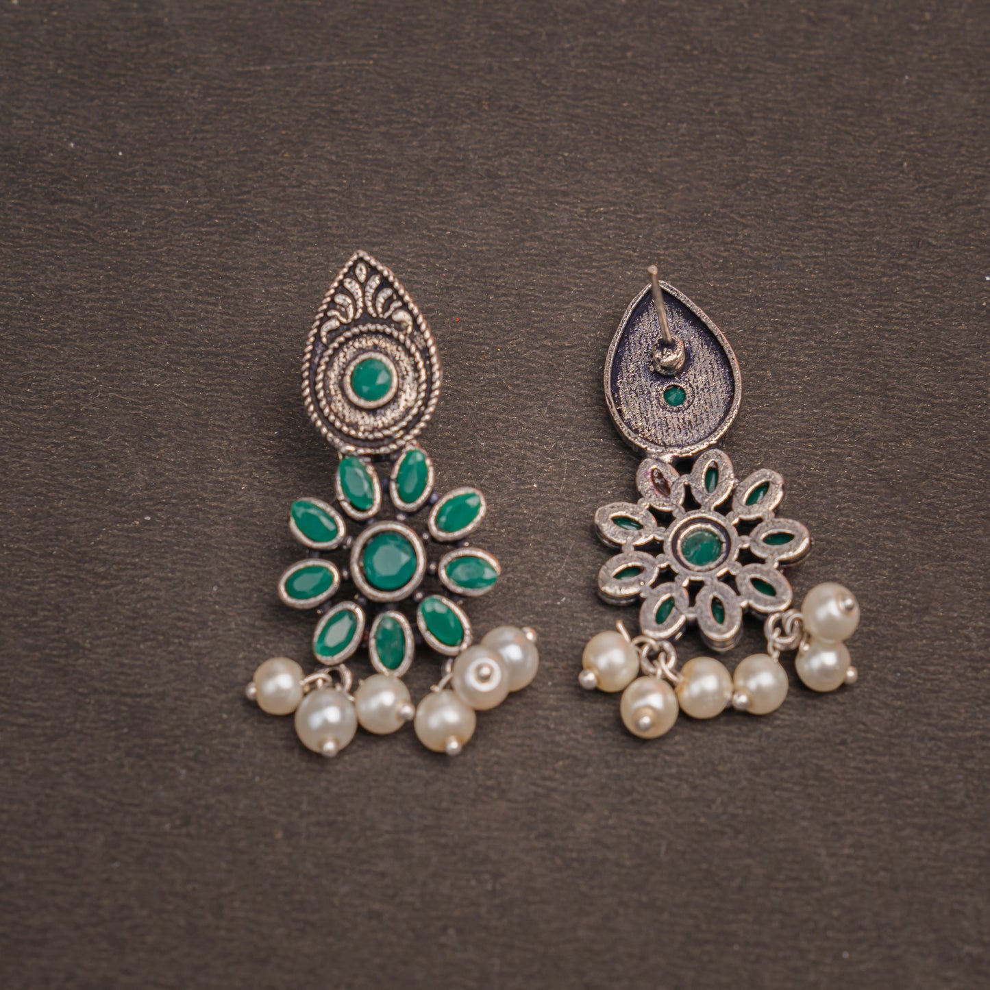 Green Stone Studded Oxidised Earrings With Hanging Pearls