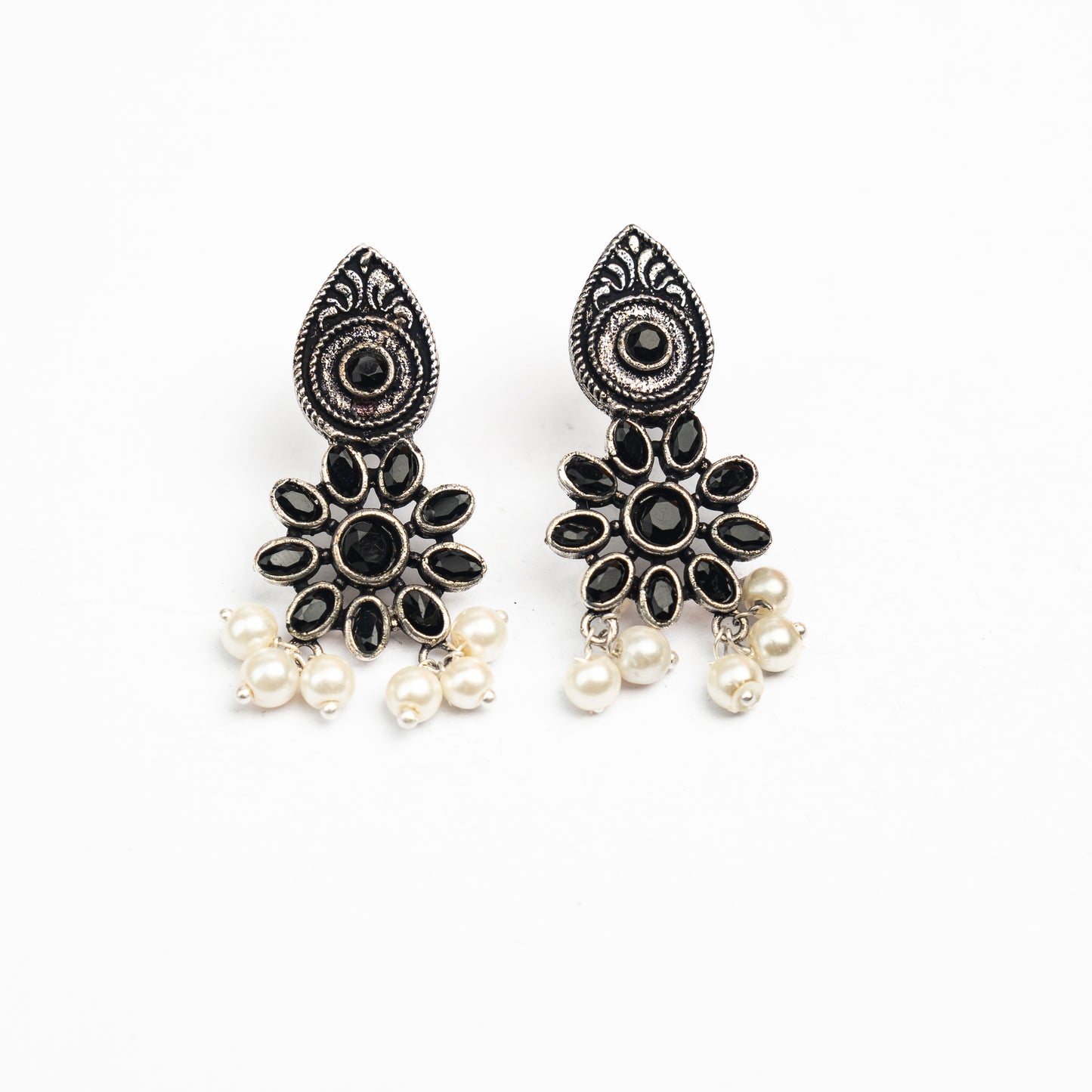 Black Stone Studded Oxidised Earrings With Hanging Pearls