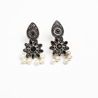 Black Stone Studded Oxidised Earrings With Hanging Pearls