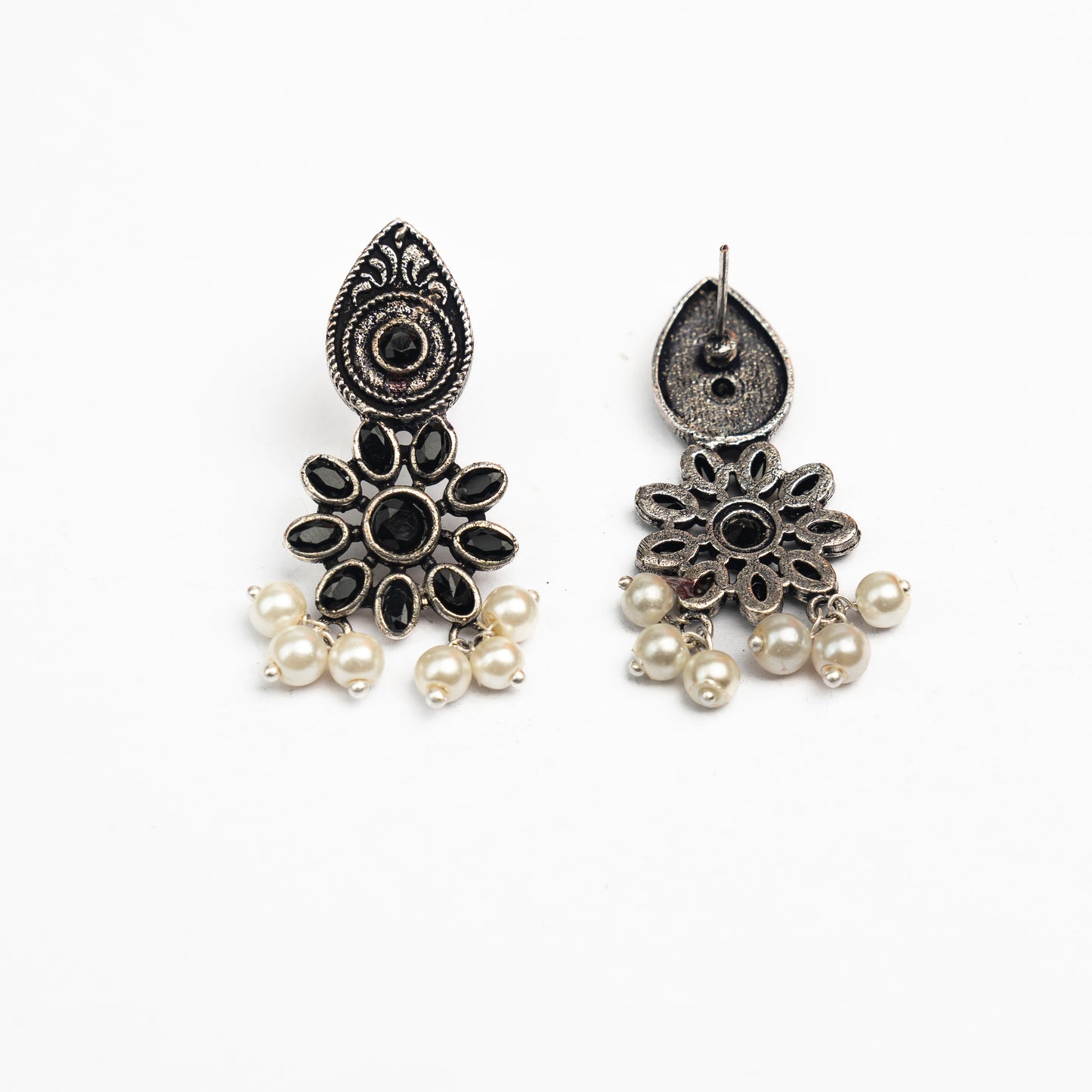Black Stone Studded Oxidised Earrings With Hanging Pearls