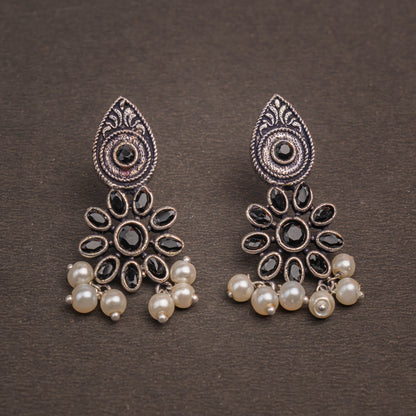 Black Stone Studded Oxidised Earrings With Hanging Pearls