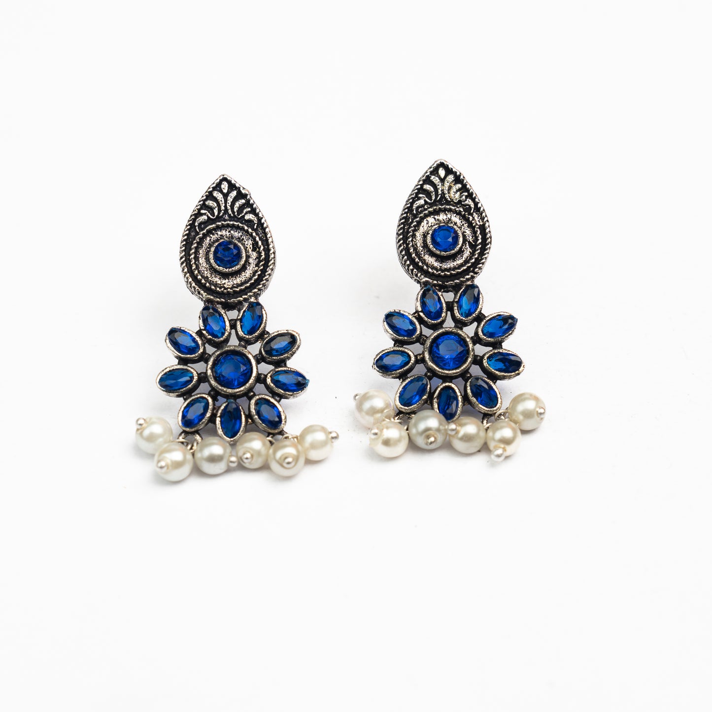 Blue Stone Studded Oxidised Earrings With Hanging Pearls