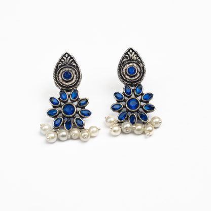 Blue Stone Studded Oxidised Earrings With Hanging Pearls