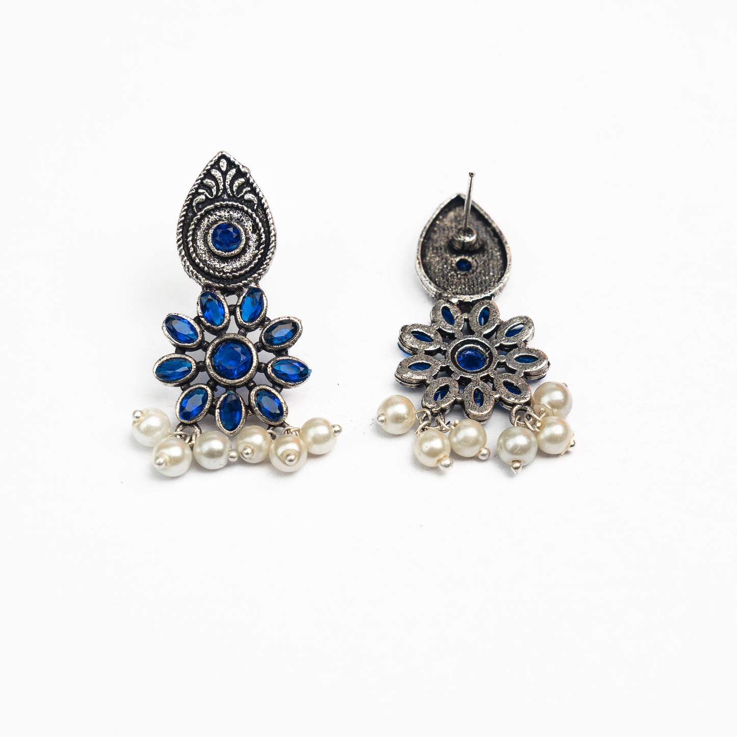Blue Stone Studded Oxidised Earrings With Hanging Pearls