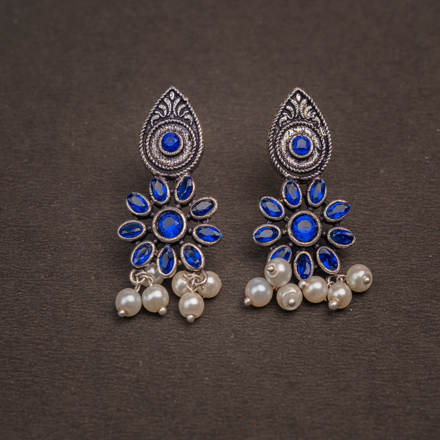 Blue Stone Studded Oxidised Earrings With Hanging Pearls