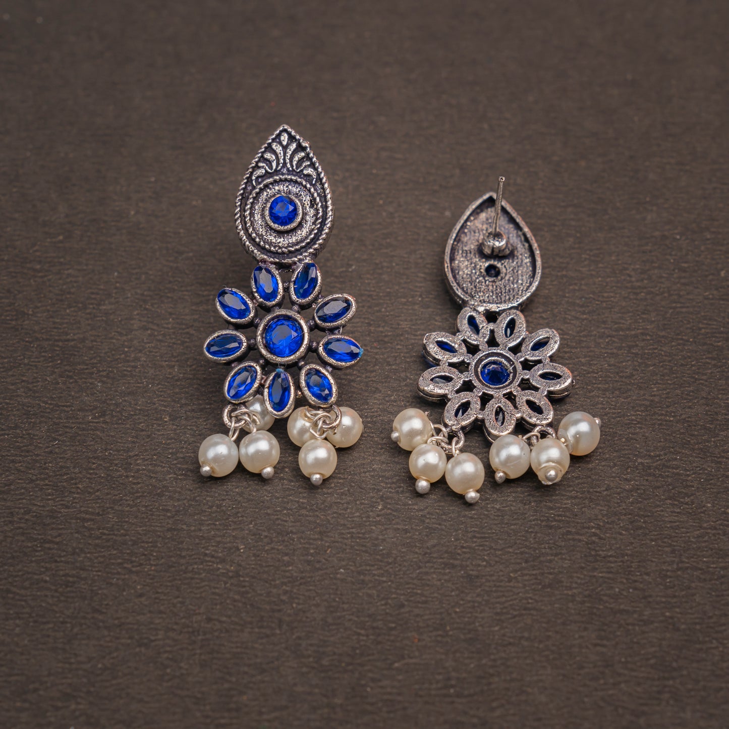 Blue Stone Studded Oxidised Earrings With Hanging Pearls
