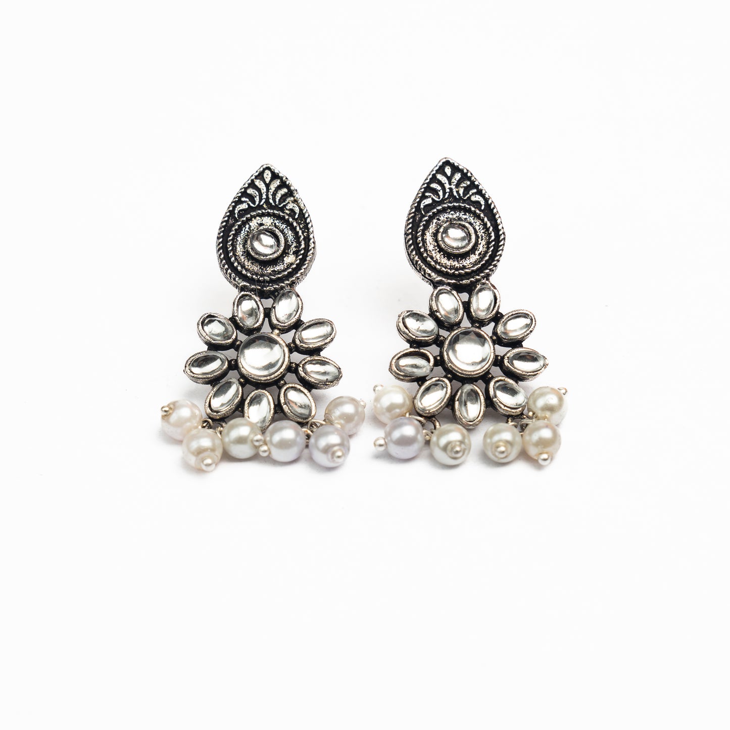 White Stone Studded Oxidised Earrings With Hanging Pearls