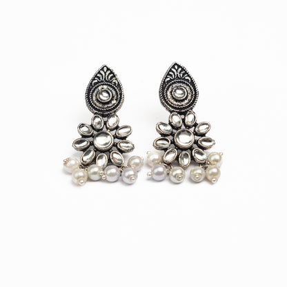 White Stone Studded Oxidised Earrings With Hanging Pearls