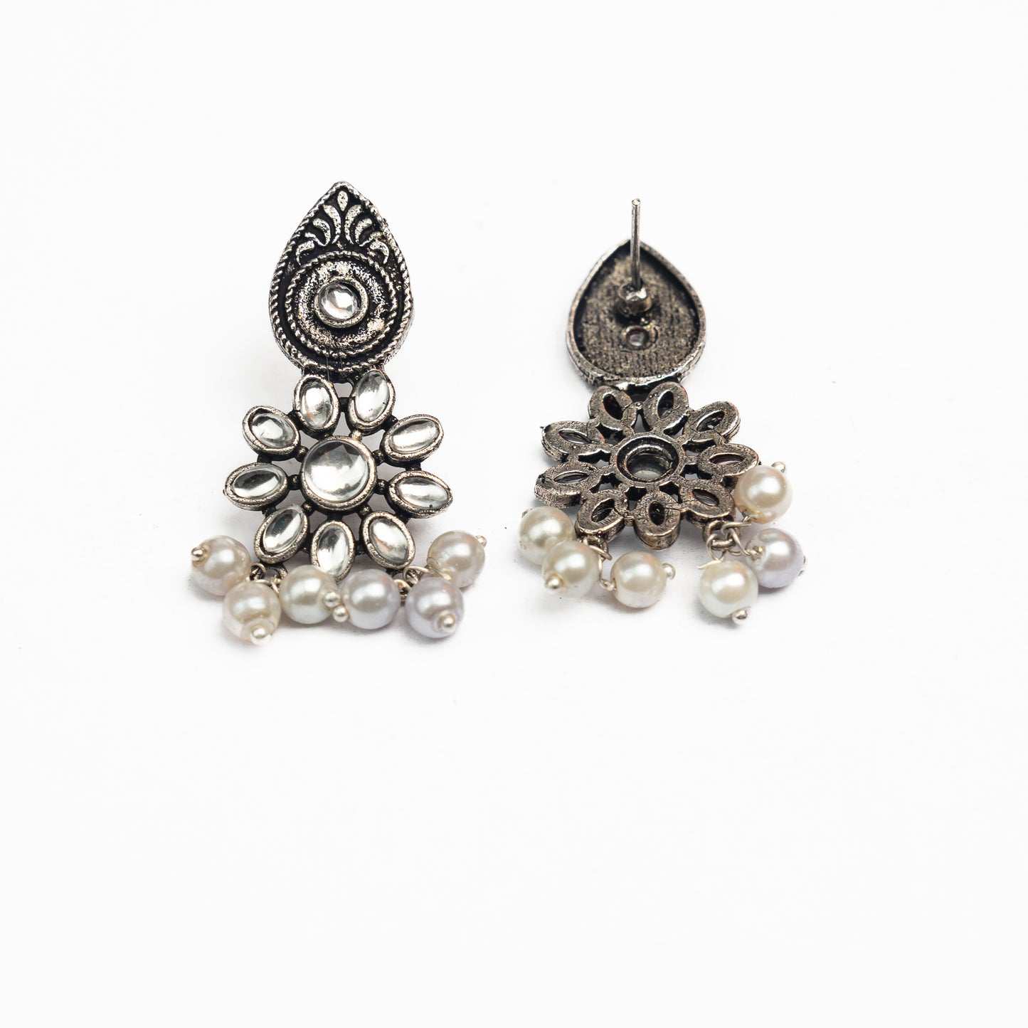 White Stone Studded Oxidised Earrings With Hanging Pearls
